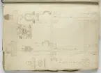 Ritning av eldrör ur en volym som visar troféer och ett mindre antal äldre svenska metallstycken. Dessa ingick i bestyckningen i Stralsund 1671 samt i Helsingborg, Malmö och Landskrona.
