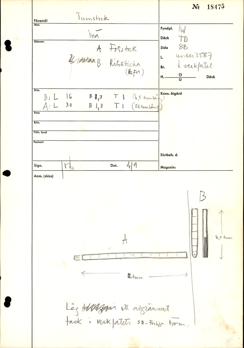 En tumstock av trä.

Tumstocken är försedd med elva inristade skåror som markerar tolv tum. På den mittersta skåran finns ett inristat kryss. Ytterligare ett kryss, dock något mindre, har ristats in vid skåran närmast mittskåran.

Tumstocken är i gott skick.

För mer information se Dokumentationsblankett under Referenser – Länkade filer.