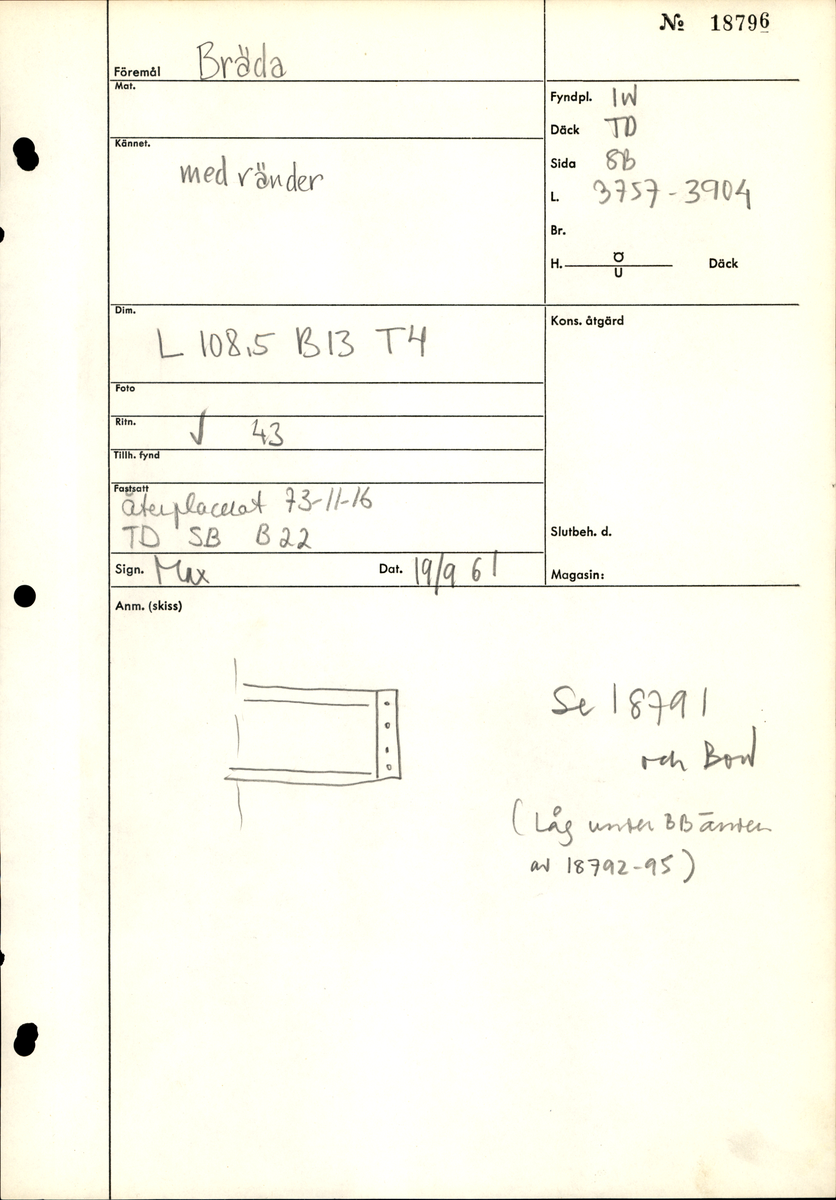 Tvärslå till däckslucka.
Fasad i båda ändarna. Tre genomgående hål i ena änden, ett i det andra.
Fäst vid fem brädor med ca 30 skruvar.