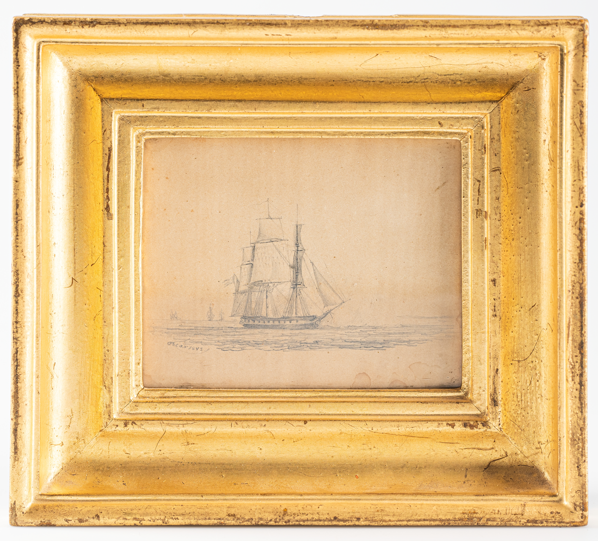 Pennteckning av örlogsfartyg under segel, utförd av konung Oscar II som prins 1843 och signerad Oscar 1843.

Inom glas och förgylld ram.

På ramens baksida är skrivet med bläck: Ritadt av Konung Oscar II. Skänkt till amiralskajutan å pansarskeppet Oscar II av Prins Bernadotte 1908.