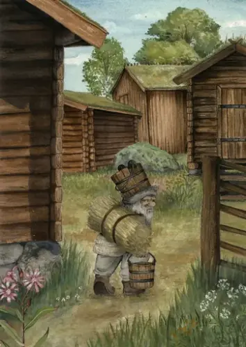 Illustration av en gårdstomte som bär på hinkar och halm. Trähus omkring och grönska på marken. 