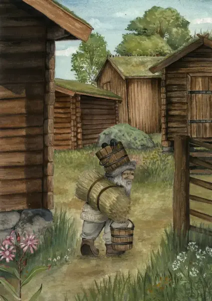 Illustration av en gårdstomte som bär på hinkar och halm. Trähus omkring och grönska på marken. 