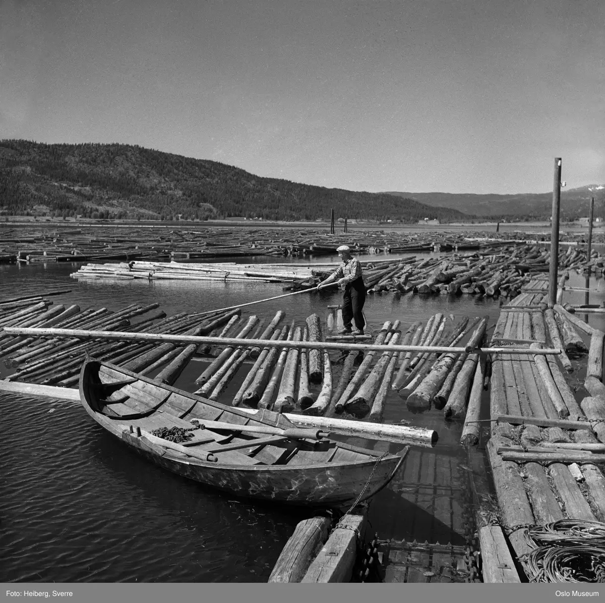 innsjø, tømmerfløting, mann, robåt