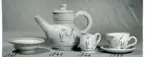 Servis från Bo Fajans, formgivare Allan Ebeling, tidigt 1900-tal. Sockerskål, kaffekanna, gräddsnäcka och kopp.
