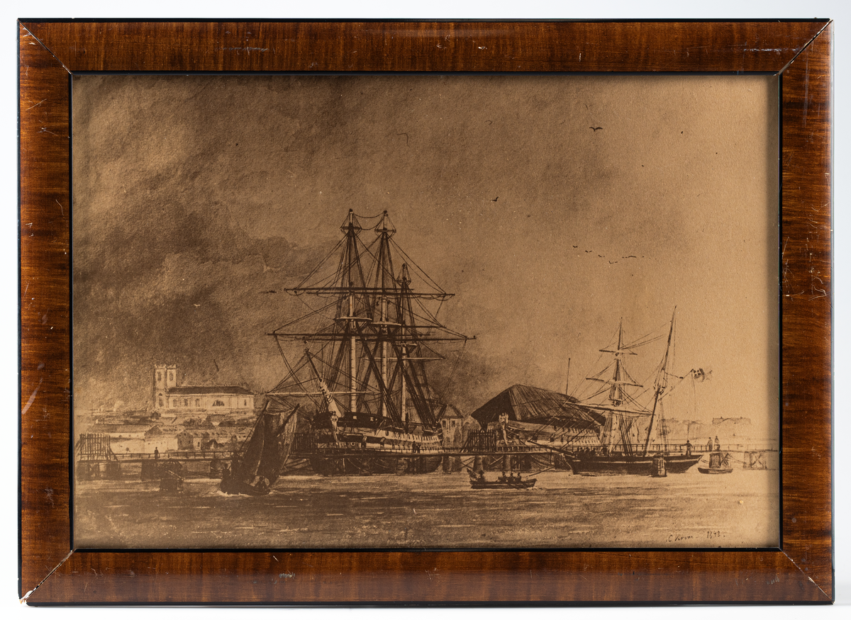 Fotografi över varvet i Karlskrona, "Flottans skeppsbro". Efter akvarell av Joh. Kristian Berger 1848. Originalet i Nationalmuseum.