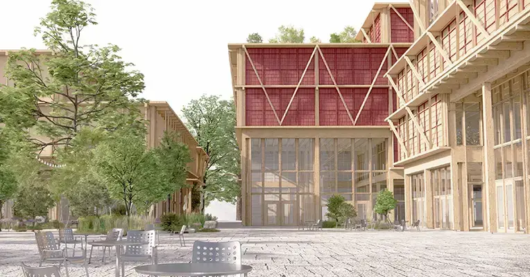 Tegning av bygninger i tre med trær rundt. Illustrasjon. 