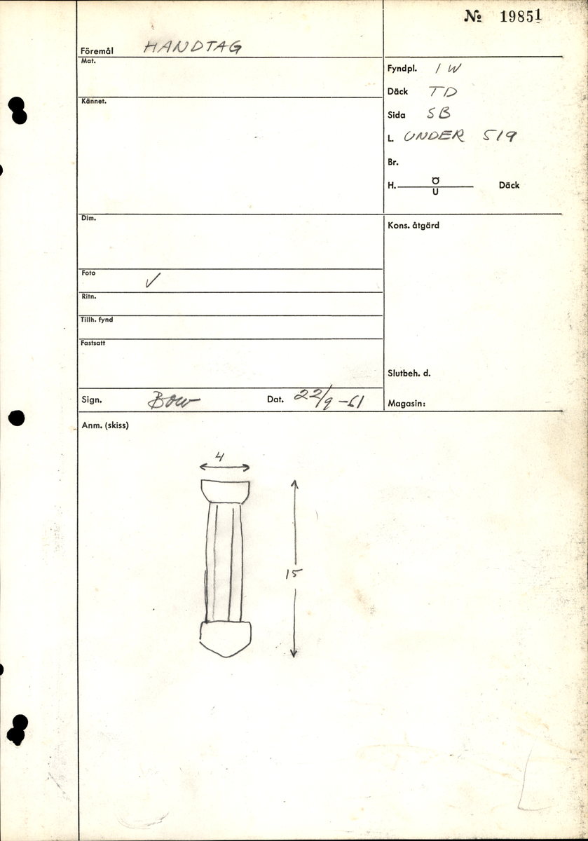Handtag. I överlag gott skick.

För mer information se Dokumentationsblankett under Referenser – Länkade filer.