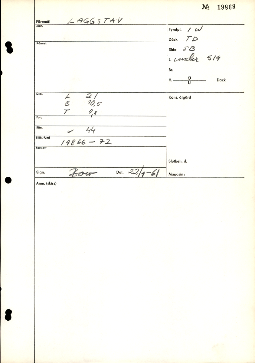 En laggstav till ett laggkärl. Längsgående spricka som delar staven i två delar. Saknar delar i båda ändar. Spikhål efter fyndbricka.