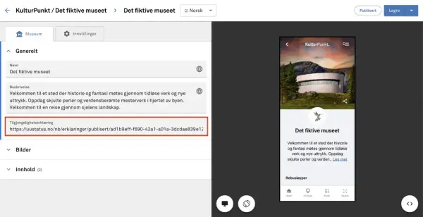 Lenken til tilgjengelighetserklæringen kan legges inn under seksjonen "Generelt" i museumseditoren.