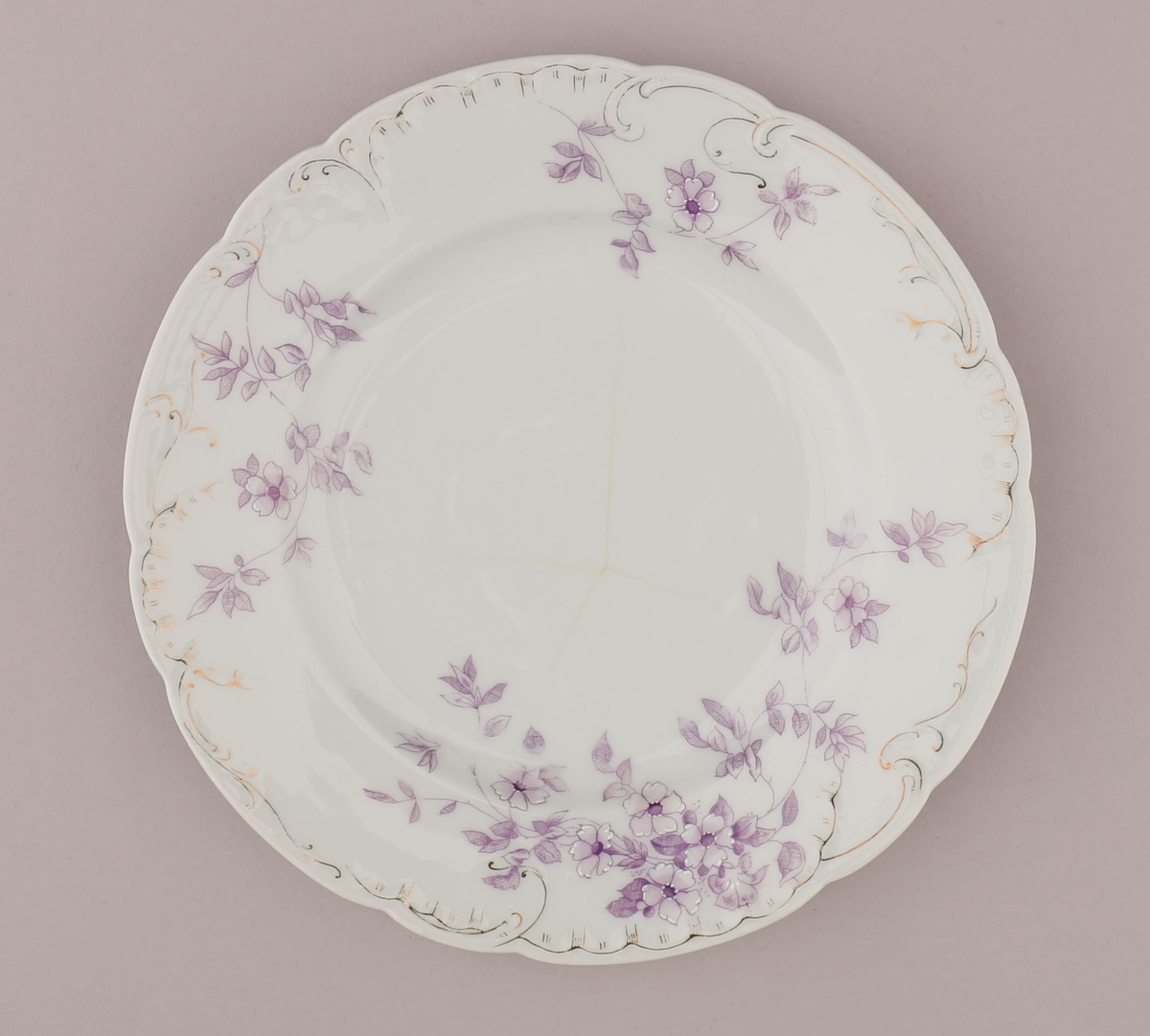 Rocaille og blomstermotiv bestående av blomster, blader, ranker, stengler. Motiv dekorert med tynn strek i fiolett nyanse med skraverte og åpne felt. Mørke fruktknute, lyse kronblader, skraverte blader i forskjellig mønster og alt fra lyse til mørke i fargen. Hvitt pigment benyttet for kontrast nær fruktknuten og ytterst på kronbladene.