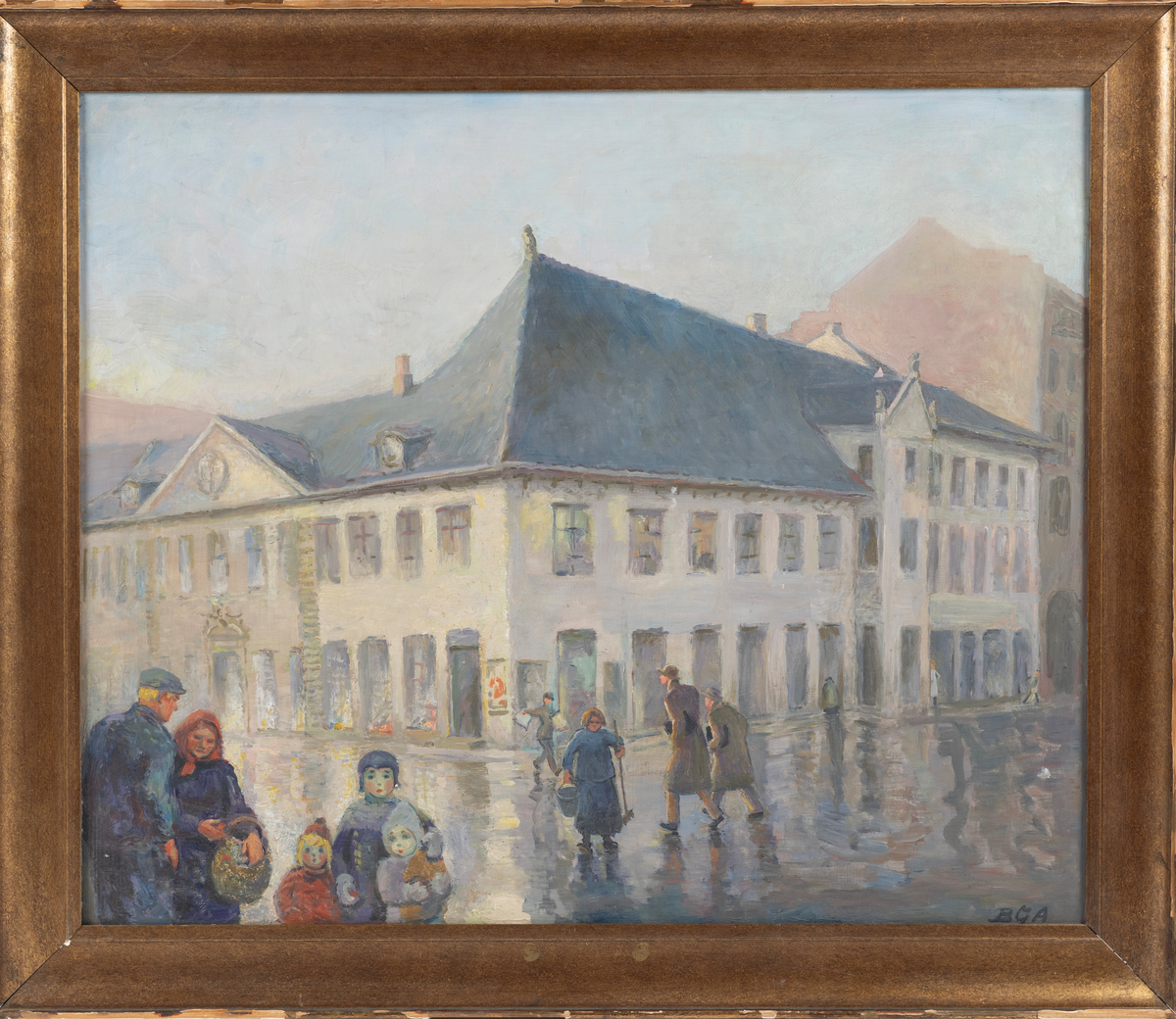 Maleri av Collettgården (Kirkegata 15) i Oslo sett fra nordøstsiden av hjørnet ved Tollbugata. I forgrunnen diverse folkeliv med blant annet avisgutt og vaskekone.