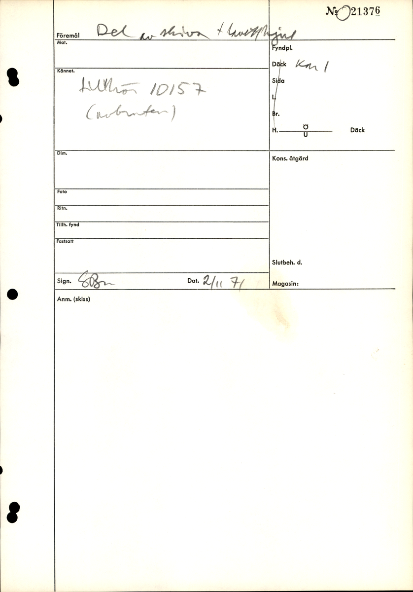 Del av skiva till lavetthjul. Har 4 st spikhål.

För mer information se Dokumentationsblankett under Referenser – Länkade filer.
