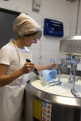 En kvinne holder på å lage ost. 