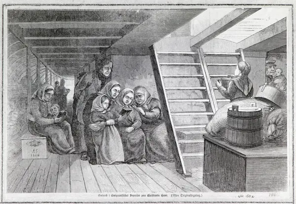 Tegning av mennesker under dekk på et skip. Illustrerer voksne og barn fra ca. 1825 som leser en bibel. Bildet tyder på en tynget situasjon