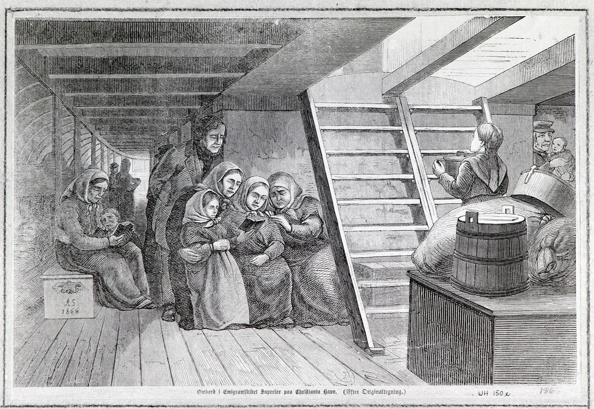 Tegning av mennesker under dekk på et skip. Illustrerer voksne og barn fra ca. 1825 som leser en bibel. Bildet tyder på en tynget situasjon