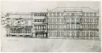 Stadshotellet, Växjö. Arkitektritning över den nya fasaden (med entré) mot Kungsgatan, daterad i nhh 11 november 1939.