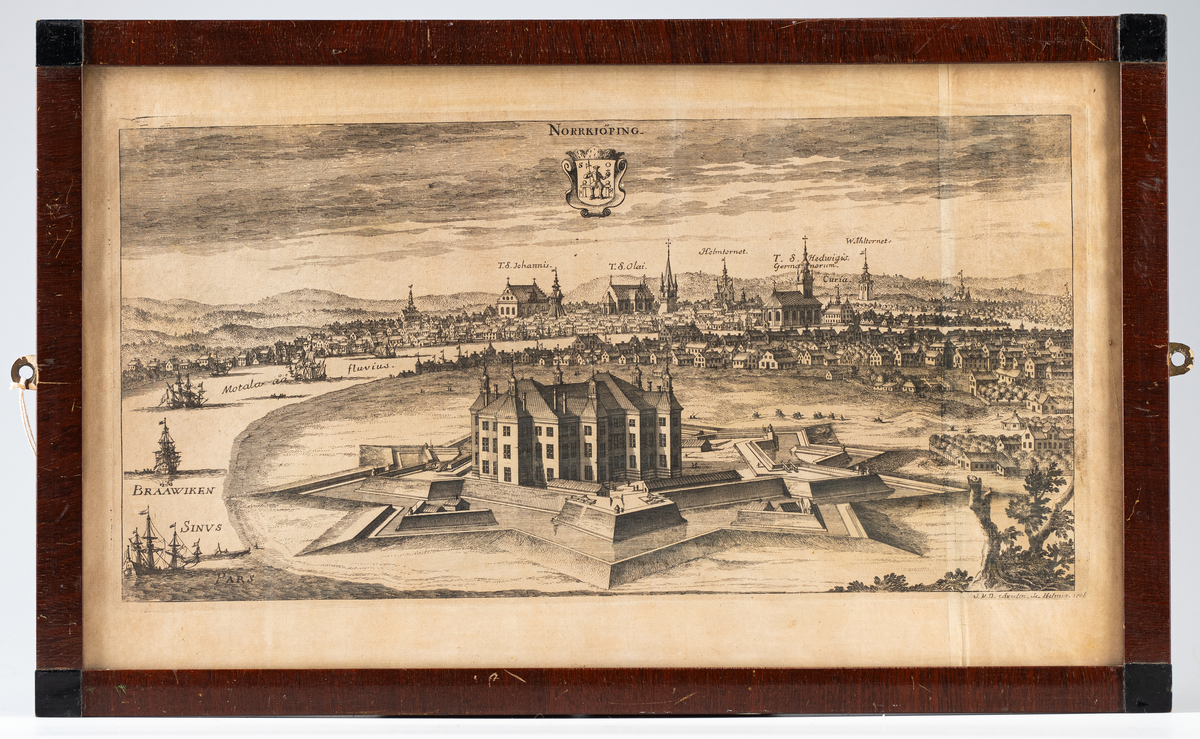 Motiv över Norrköpings stad på 1700-talet. Signerat J. V. D. Aveelen. Se Holmiae 1706.
