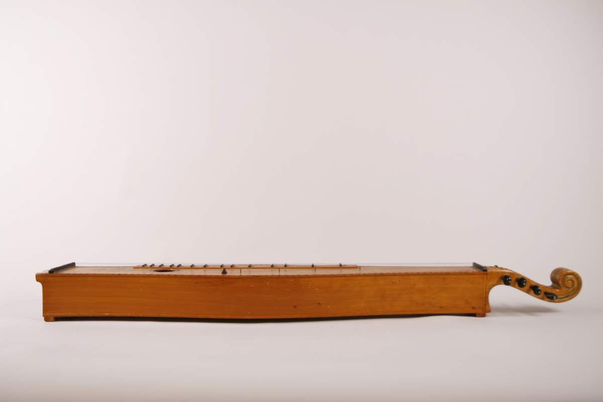 Lang, smal, buket korpus av gran. Skruekasse og hode i ett stykke. Hode i form av en snekke der profilene er dekorert med bronsemaling. Sortmalte stemmeskruer med perlemorsøye på kanten av hodet. Rundt lydhull. Tusjborder langs lokkanten og rundt lydhullet, samt blomstreranke i tusj nederst på lokket.
1 melodistreng og 7 resonansstrenger. Under melodistrengen 14 pålimte noter i ibenholt (spor etter fler noter enten flyttet eler fjærnet). Stopper mangler. 3 pyamider mangler. Strengeleder i form av skruer med insaget hakk. 
Strengene er festet med anhengsskruer direkte bak stolen på lokket. Skruene (8 st) er festet gjennom lokket i nedre sarg
Instrumentet er usignert.