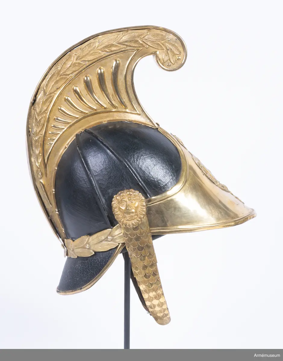 Kask med förgylld mässingskam.

Kasken är tillverkad av svartlackat tjockt läder som har pressats och formats till en hjälm.
Den består av två halvdelar med söm på mitten som döljs på utsidan av en mässingskam som löper från pannan till nacken. Kammen är dekorerad med lagerblad längst upp och avslutas i ett volut fram. Den sitter ihop med framskärmen/vapenplåten. Från kullen och ner löper två svarta ribbor på varje sida, troligen med stål inuti.
Kasken har välvd mässingsskärm fram i vilken den separat stansade vapenplåten är fastsatt, och nackskydd bak kantad med mässingslist. Vapenplåten består av vapensköld med tre kronor (Lilla Riksvapnet) inom en ordenskedja för Serafimerorden. Kring hjälmen i nacken löper ett beslag av mässing i form av en stiliserad lagerkrans med bär.
Hakremmen är klädd med flerflikiga dekorerade mässingsfjäll som överlappar varandra i gradvis minskande storlek, och är fäst i varje sida under en stor lejonmaskaron av mässing. Remmen är fodrad med svart sammet, och spänns ihop mitt fram med ett litet mässingsspänne. Flera fjäll saknas i vänster remhalva.
Kaskinredningen är av mörkbrunt skinn, fastsatt längs med Kaskens innerkant och bestående av klippta tungor med en mässingsöljettl i varje rundning, genom vilka kunde löpa ett band eller en rem som kunde justeras efter huvudstorlek.

Kammen saknar fäste för tagelliggare.