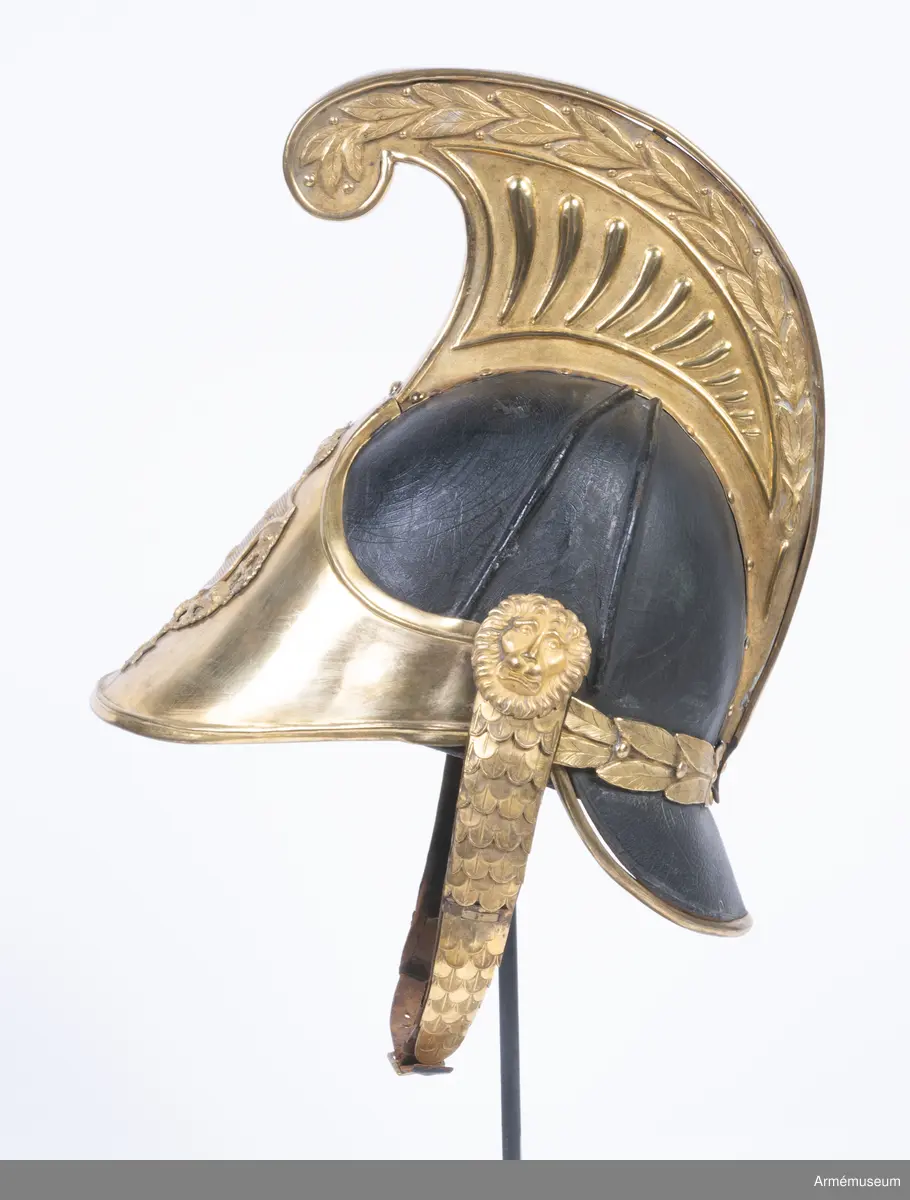 Kask med förgylld mässingskam.

Kasken är tillverkad av svartlackat tjockt läder som har pressats och formats till en hjälm.
Den består av två halvdelar med söm på mitten som döljs på utsidan av en mässingskam som löper från pannan till nacken. Kammen är dekorerad med lagerblad längst upp och avslutas i ett volut fram. Den sitter ihop med framskärmen/vapenplåten. Från kullen och ner löper två svarta ribbor på varje sida, troligen med stål inuti.
Kasken har välvd mässingsskärm fram i vilken den separat stansade vapenplåten är fastsatt, och nackskydd bak kantad med mässingslist. Vapenplåten består av vapensköld med tre kronor (Lilla Riksvapnet) inom en ordenskedja för Serafimerorden. Kring hjälmen i nacken löper ett beslag av mässing i form av en stiliserad lagerkrans med bär.
Hakremmen är klädd med flerflikiga dekorerade mässingsfjäll som överlappar varandra i gradvis minskande storlek, och är fäst i varje sida under en stor lejonmaskaron av mässing. Remmen är fodrad med svart sammet, och spänns ihop mitt fram med ett litet mässingsspänne. Flera fjäll saknas i vänster remhalva.
Kaskinredningen är av mörkbrunt skinn, fastsatt längs med Kaskens innerkant och bestående av klippta tungor med en mässingsöljettl i varje rundning, genom vilka kunde löpa ett band eller en rem som kunde justeras efter huvudstorlek.

Kammen saknar fäste för tagelliggare.