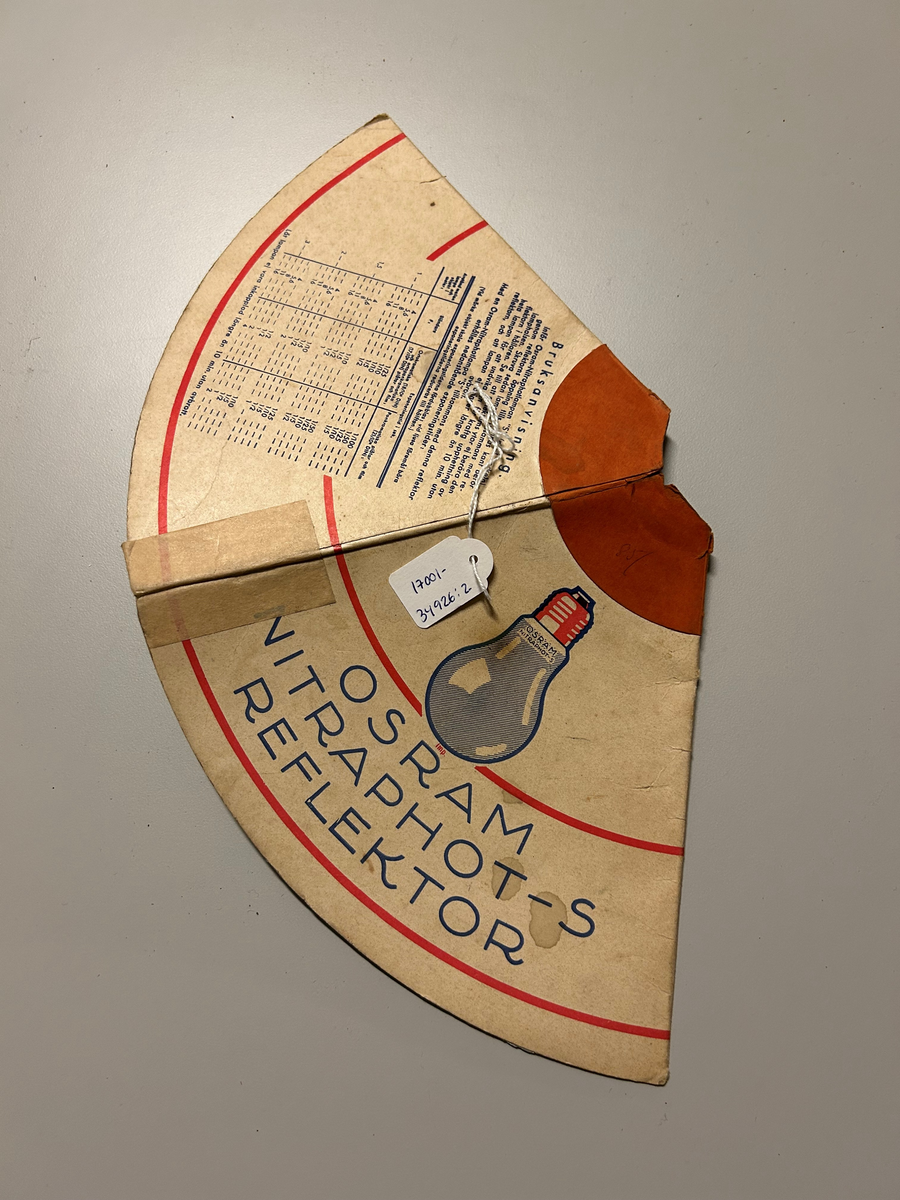 Strutformad trattliknande skärm av papp med hål i mitten för att kunna fästas på en lampa. Insidan av skärmen klädd med silverfärgat foliepapper. Utsidan vit med tryckt blå text: "Osram nitraphot-s reflektor" samt en bruksanvisning och en tecknad bild av en glödlampa. Kan då den inte används, vikas ihop till behändig storlek. Fäst på sockeln till en lampa som används vid fotograferig för att reflektera ljuset och ge blixteffekt.