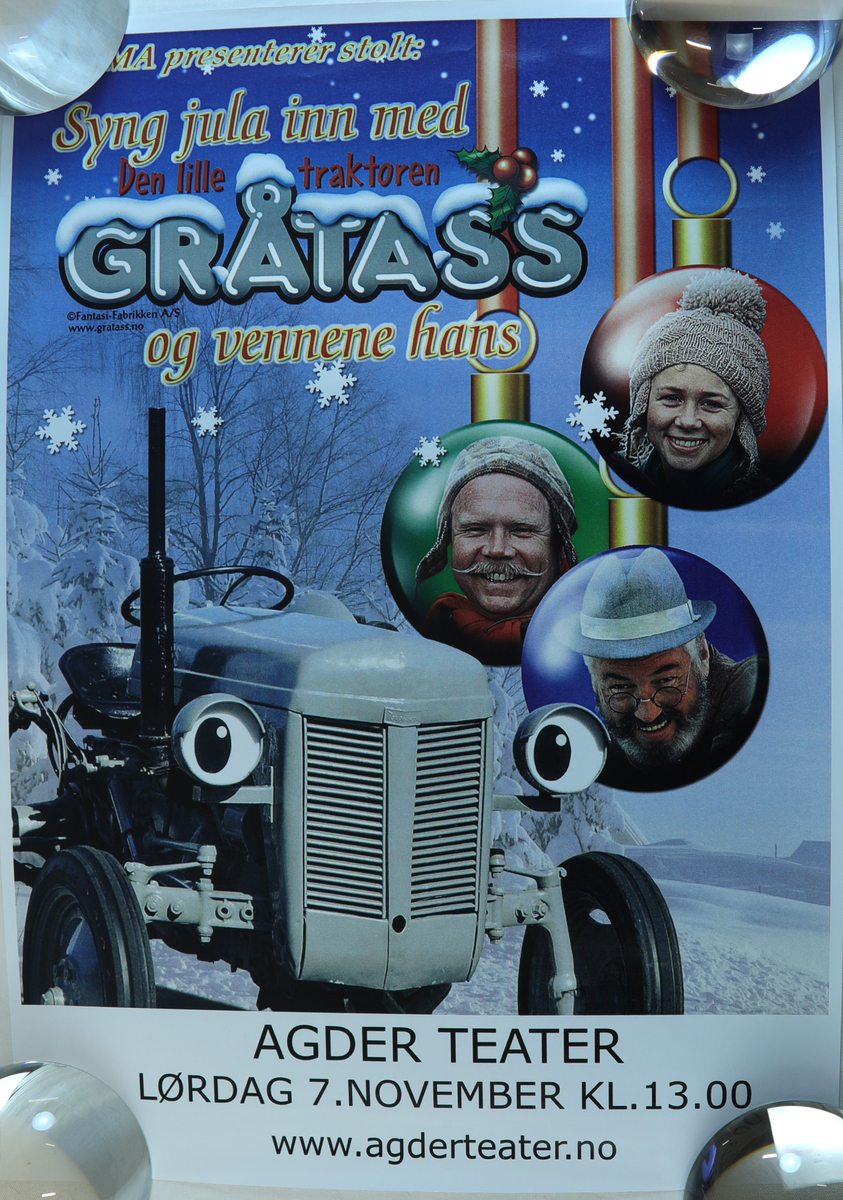 Plakat av "Syng jula inn med Den lille traktoren Gråtass og vennene hans" ved Agder teater i 2009.