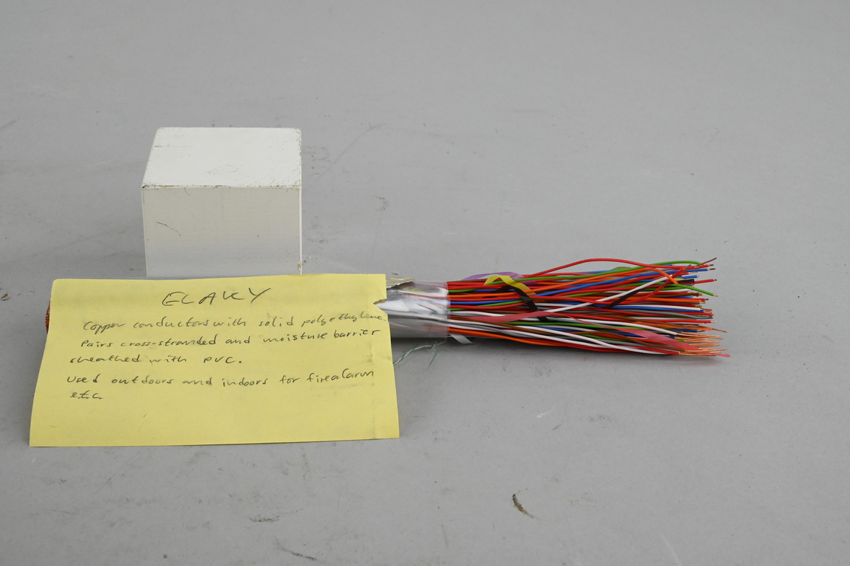 Låda med 9 kabelprover, från slutet av 1900-talet.