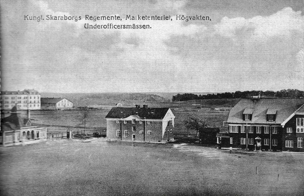 Skaraborgs regementes Marketenteri, Vaktlokal och Underofficersmäss sent 1910-tal. I bakgrunden Livregementets husarer.
