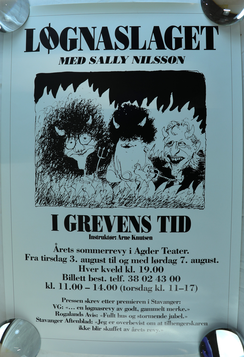 Plakat for oppsetningen "Løgnaslaget" "I grevens tid", vist ved Agder teater i 1993.
