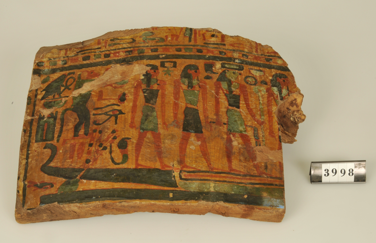 Del av sarkofag. Egypten. 
Med in- och utvändig målning. Motivet på ena sidan är en båt, endast bakre delen finns med. 
Längst bak i båten står en babian, där framför står fyra män, varav en med horushuvud.
På den andra sidan syns tre mumiefigurer, en av dem har horushuvud.

Har tillhört de Adelsköldska samlingarna.