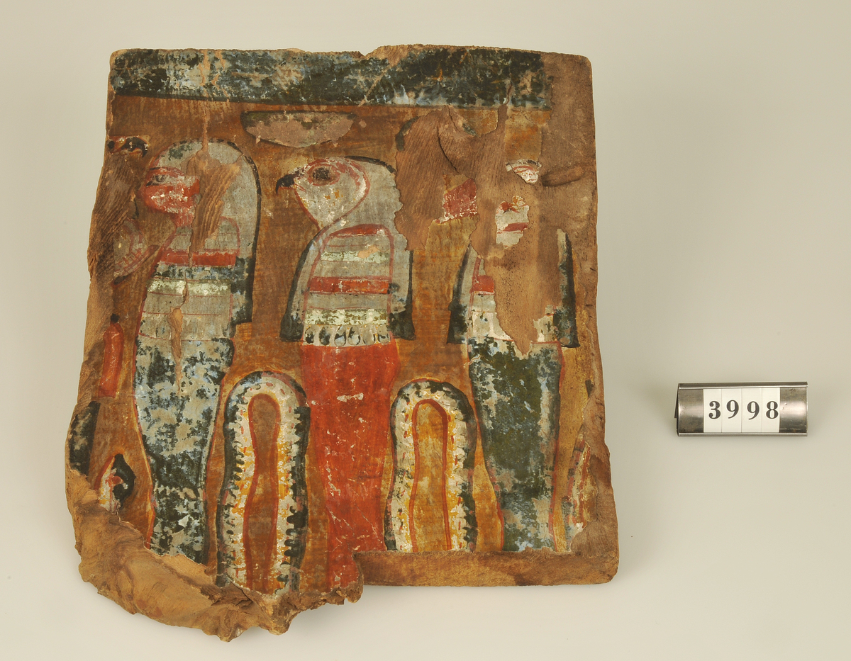 Del av sarkofag. Egypten. 
Med in- och utvändig målning. Motivet på ena sidan är en båt, endast bakre delen finns med. 
Längst bak i båten står en babian, där framför står fyra män, varav en med horushuvud.
På den andra sidan syns tre mumiefigurer, en av dem har horushuvud.

Har tillhört de Adelsköldska samlingarna.