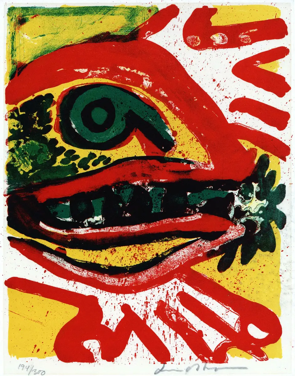 Litografi i röda, gröna och gula färger.