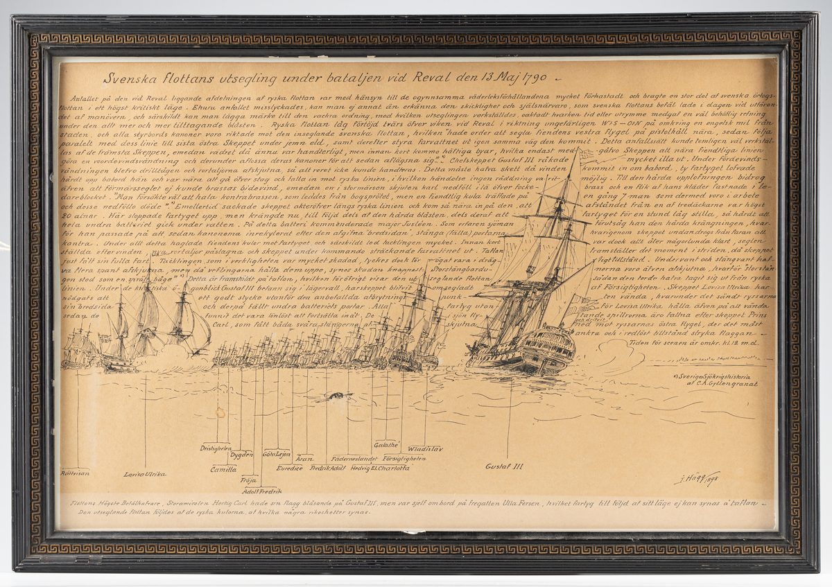Planskiss med identifiering av fartygen till Jacob Häggs oljemålning "Svenska flottans utsegling under bataljen vid Reval den 13 maj 1970" (KSS 58). Svart ram med guldornament.