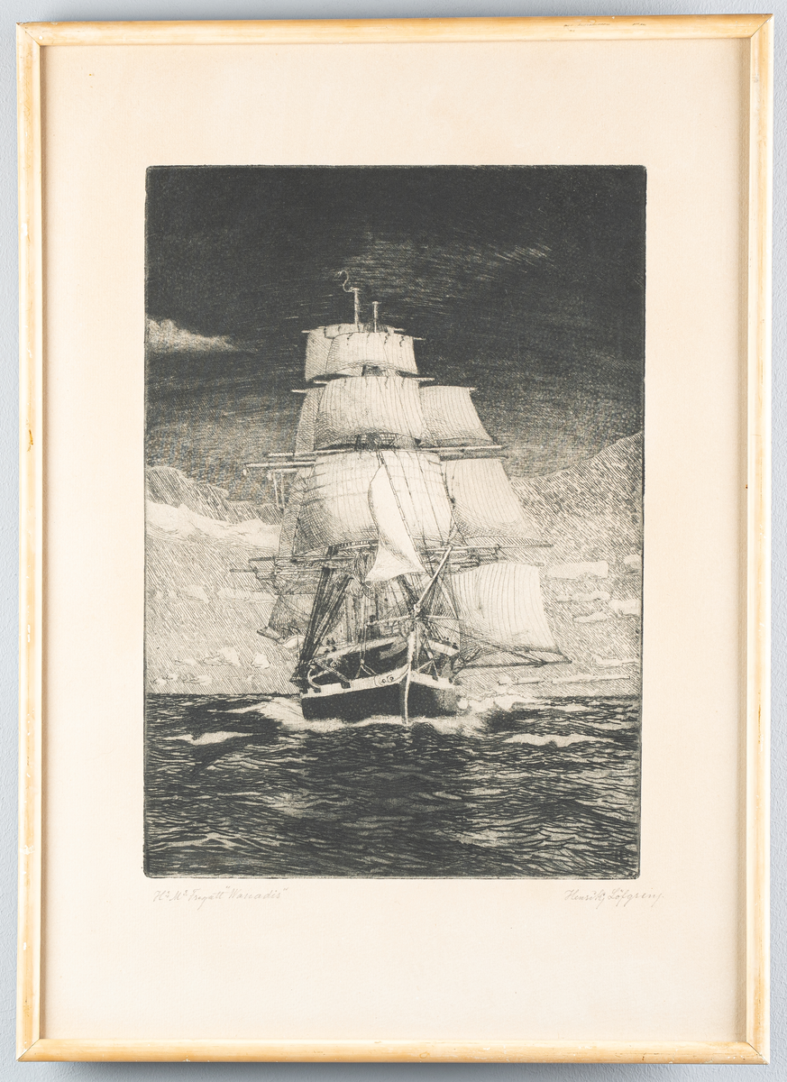 Mezzotint med motiv: Fregatten Vanadis med satta segel sedd rakt för ifrån. Förgrunden svartstreckat lugnt hav. Bakgrunden till hälften svart himmel, andra hälften mot horisonten diagonalstreckad med vita moln.

Täckt i blyerts under motivet: "H M Fregatt Vanadis". Signerad höger hörn: "Henrik Lövgren". På baksidan skrivet i blyerts: "8".

Ramad med blekgul listram.

Data: Fregatten Vanadis.