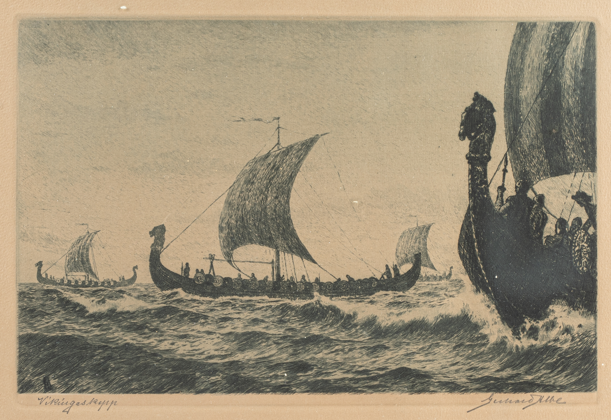 Visar vikingaskepp. Inom glas och ram.
Signerad Gerhard Albe.