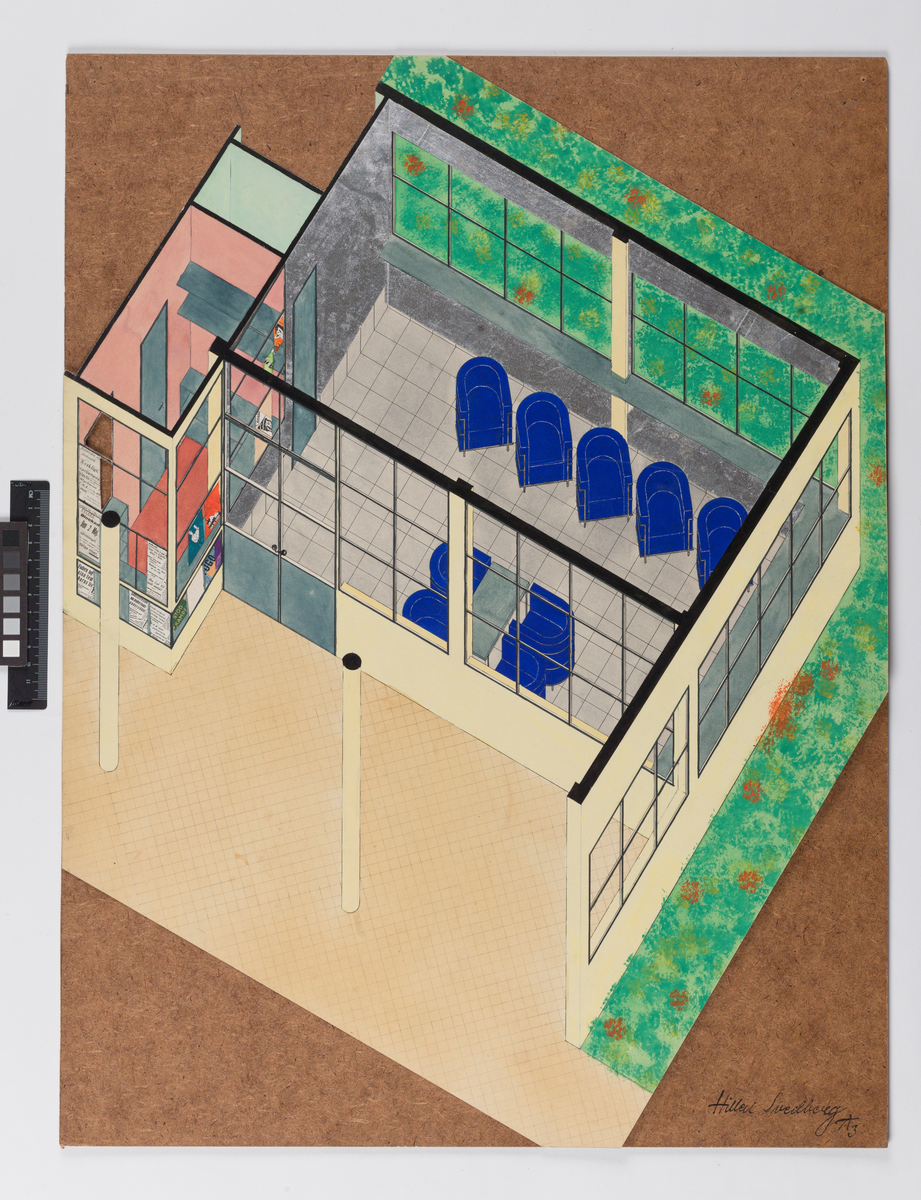 Ritning av väntpaviljong för Djursholmsbanan. Elevarbete i A3 på KTH, Kungliga Tekniska Högskolan i Stockholm.