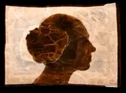 Ateljéporträtt av modell i profil.