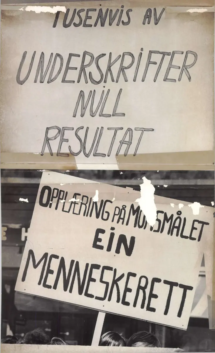 To banner med tekstane «Tusenvis av underskrifter – null resultat» og «Opplæring på morsmålet er ein menneskerett»