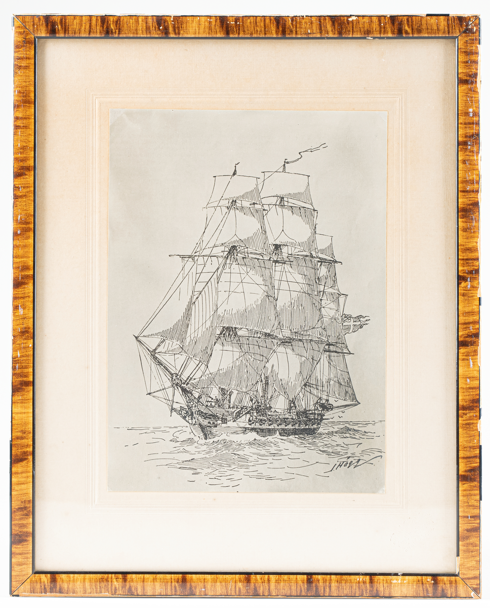 Fotografi, inom glas och ram, av korvetten Carlskrona under segel, efter en tavla av amiral Hägg.