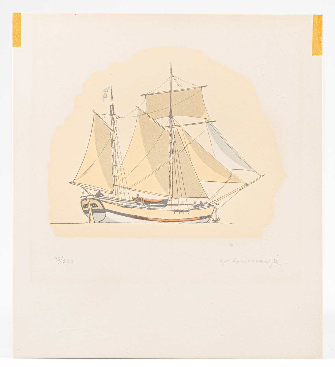 Litografi (nr 43 av 200) av konstnären Gordon Macfie som levde 1910-1971. Motivet föreställer en svenskflaggad skonert som seglar från bilden. Två besättningsmedlemmar kan urskiljas på däck.