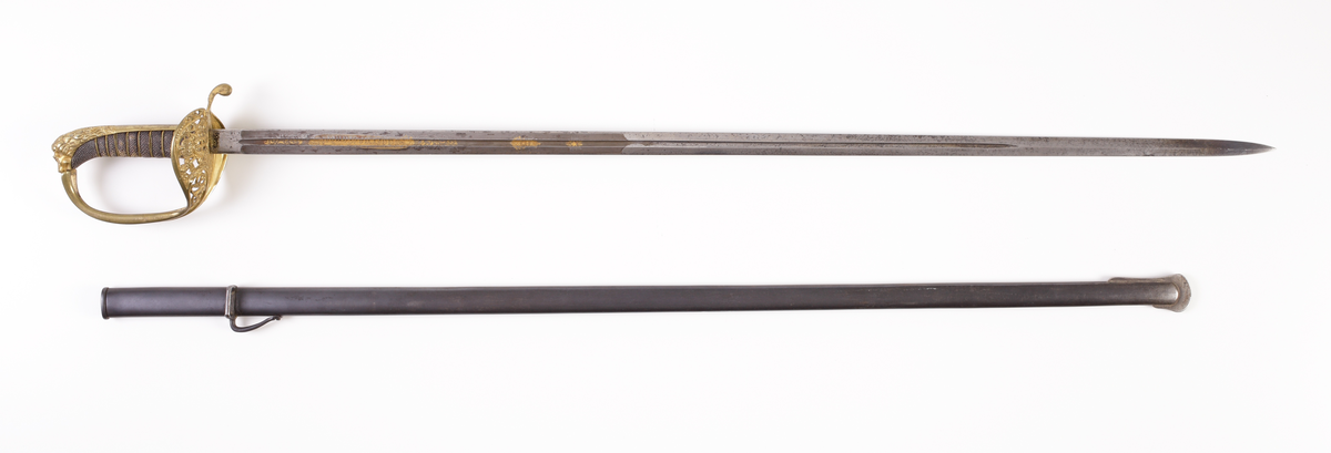 Officerssabel, M1899, med förgyllt mässingsfäste. Kaveln är klädd med svärtat fiskskinn, försedd med 8 räfflor lindade med snodd mässingstråd. Ryggbeslaget övergår i en kappa utformad som ett lejonhuvud. Parerplåten är tillverkad av gjuten mässing, enkelsidig med genombrutet kron- och bladmönster. Klingan är tveeggad, har blodrännor samt dekorationer av blomsterslingor, vapenemblem mm. På ena sidan står "Fäderneslandet" och på andra sidan "Konungen".
Baljan är tillverkad av svärtad plåt och har bygel. 

Inskriven i huvudbok år 1941.