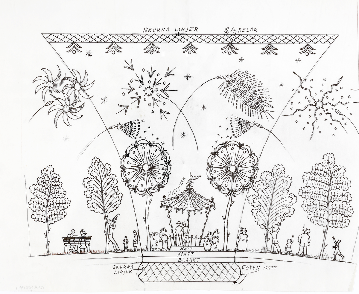 Fyrverkerier i en park med paviljong, träd, bänkar och människor.