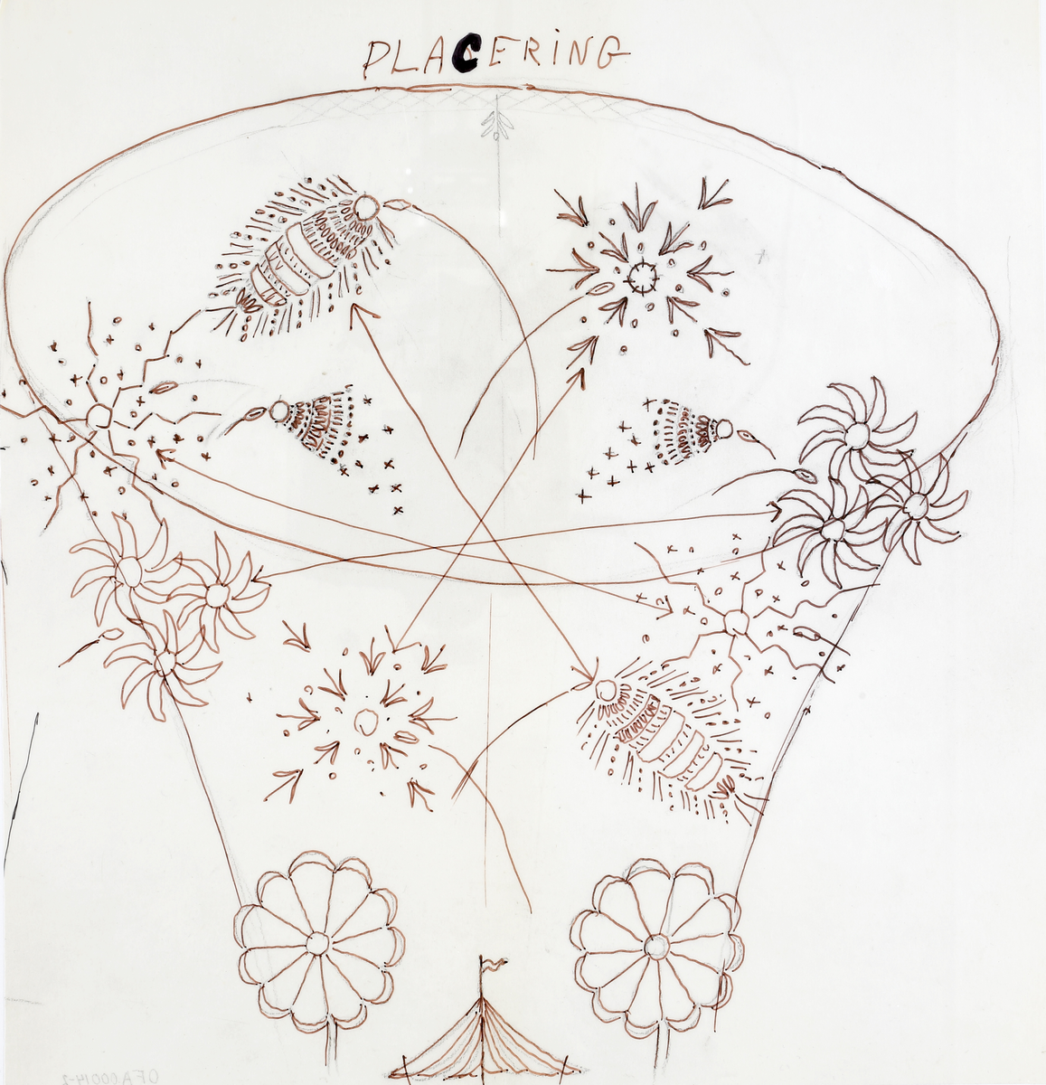Detaljritning av fyrverkerierna, blomträden och paviljongtaket.