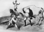 Målning av Alexander Clemens Wetterling föreställande En man som står på en häst, två clowner samt en cdirektör som håller en piska i handen. Signerad A. C. Wetterling 1857 och med text 