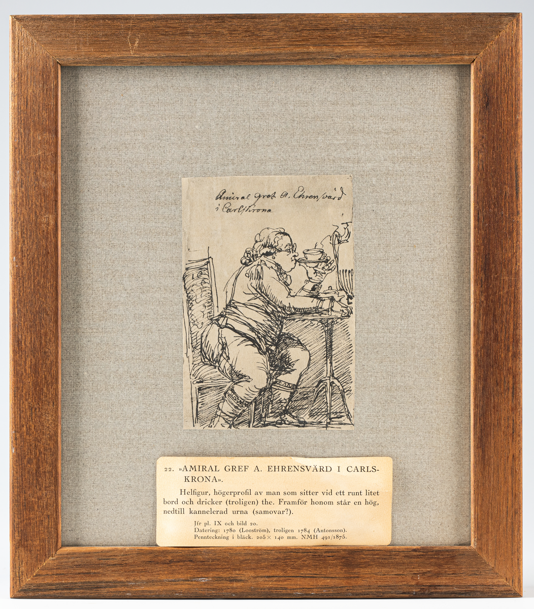 Föreställer amiralen greven A. Ehrensvärd i helfigur, högerprofil, sittande vid ett runt bord, drickande té (troligen). Framför honom står en hög, nedtill kannelerad urna (samovar?).
Datering: 1780 (Looström), troligen 1784 (Antonsson)
Märkning i bläck: Amiral Gref A. Ehrensvärd i Carlskrona.
 Inom glas och ram. Ramen av teak.
Neg.nr 4879 A.