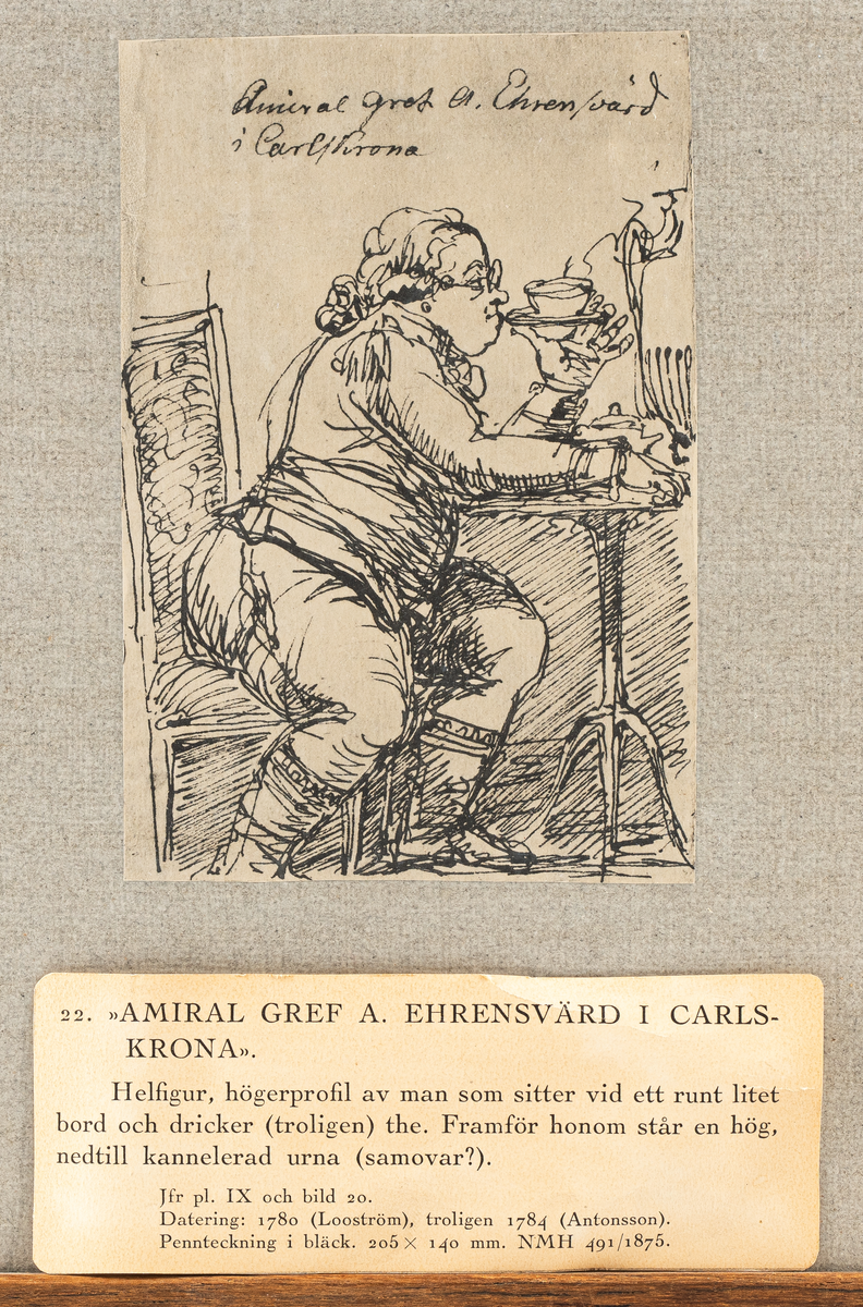 Föreställer amiralen greven A. Ehrensvärd i helfigur, högerprofil, sittande vid ett runt bord, drickande té (troligen). Framför honom står en hög, nedtill kannelerad urna (samovar?).
Datering: 1780 (Looström), troligen 1784 (Antonsson)
Märkning i bläck: Amiral Gref A. Ehrensvärd i Carlskrona.
 Inom glas och ram. Ramen av teak.
Neg.nr 4879 A.