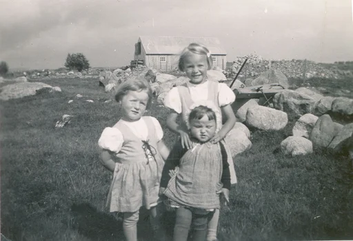 Tre små jenter på eit jorde. Steinur og løe i bakgrunnen.