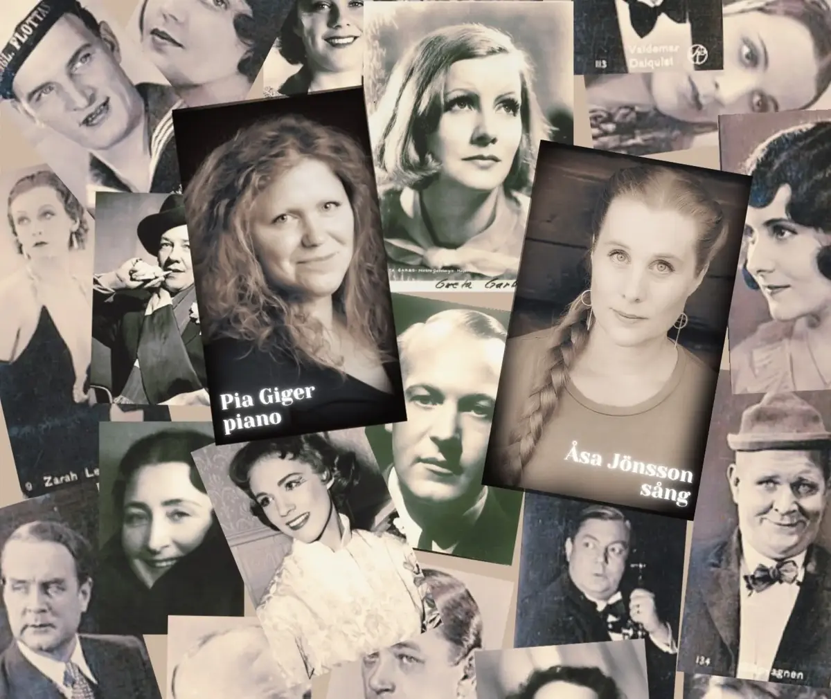 Collage i svartvitt av gamla kända artister och två nutida