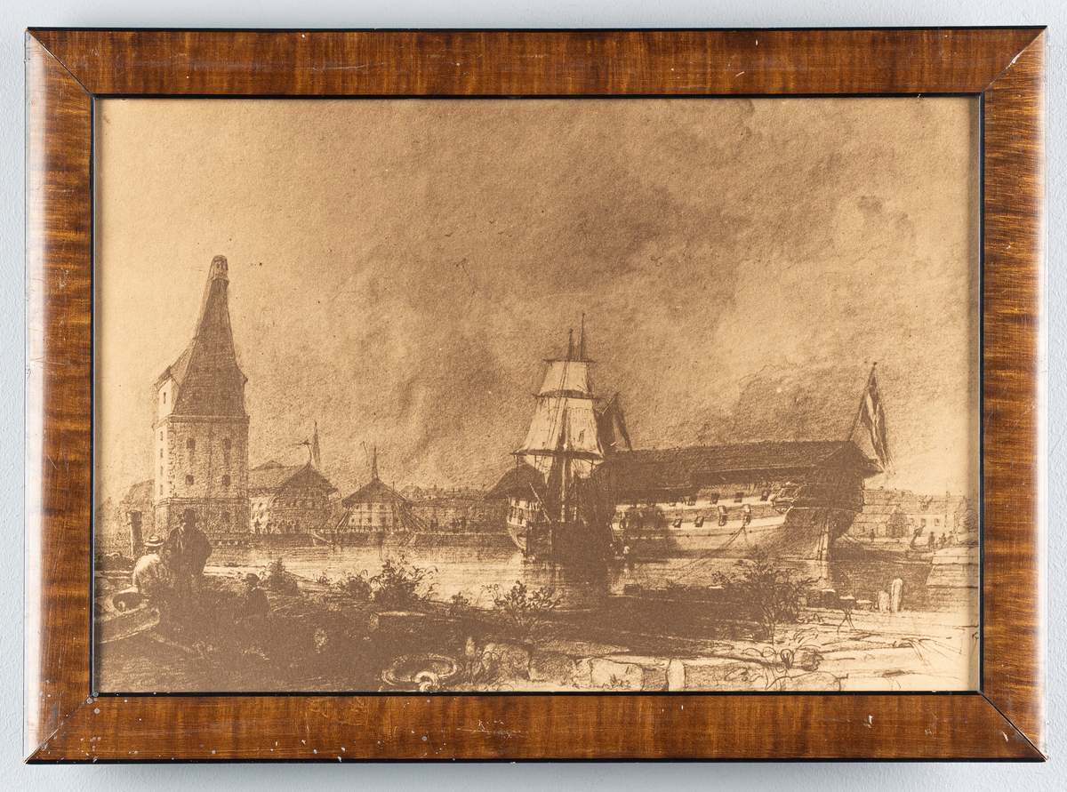Fotografi från örlogsvarvet i Karlskrona: "Dockanläggning". Efter oljemålning av Joh. Kristian Barger 1848. Orginalet i Nationalmuseum.