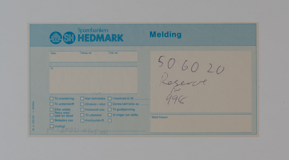 Bruksanvisning for registreringsbenk/memorialplass. Papirer i plastlomme.